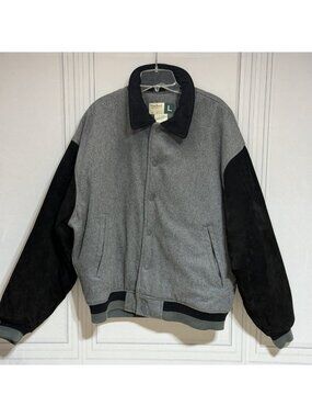Wearguard Jacket Men Sz L Colorblock Bomber Leather Wool Blend Zip Black Gray
